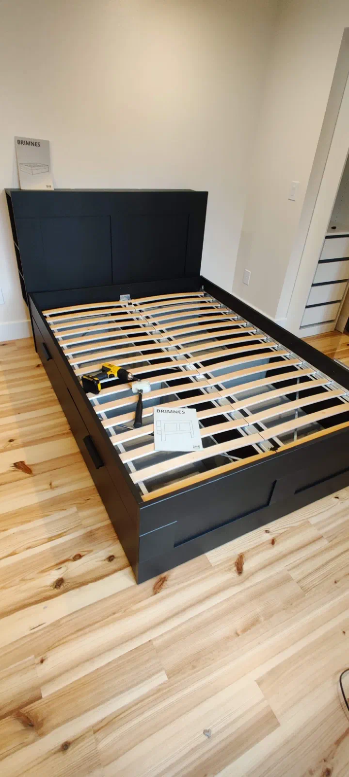 Completed bed frame in a bedroom